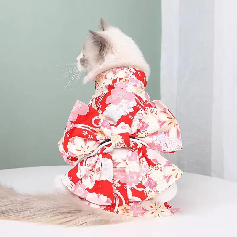 Online Red Sun Pet Cat Clothes Kimono Small Dog Kimono Autumn and Winter Warm Hanfu Skirt Pet Supplies