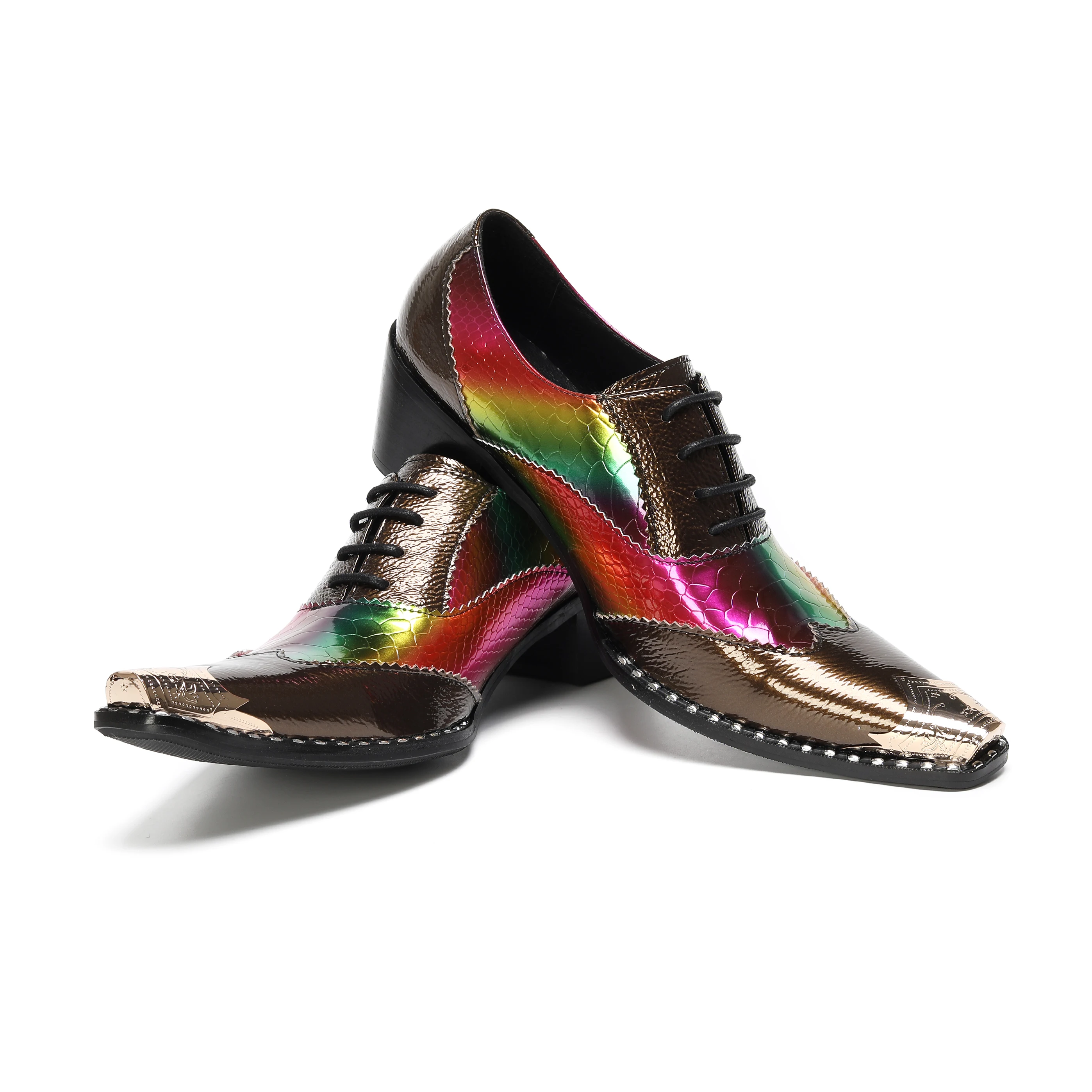 

Denim-Style Patchwork Genuine Leather Men's Oxford Shoes Colorful Snake Print Metallic Toe Cap Low Heel Lace-Up Stage