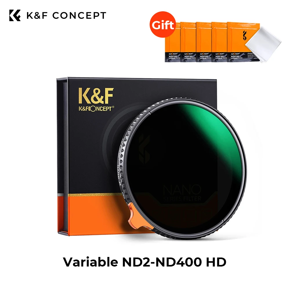 K&F Concept Variable ND2-ND400 Filter HD 28 Layers Coating Neutral Density with 5 pcs Cleaning Cloth 52/55/58/67/77/82/86/95mm