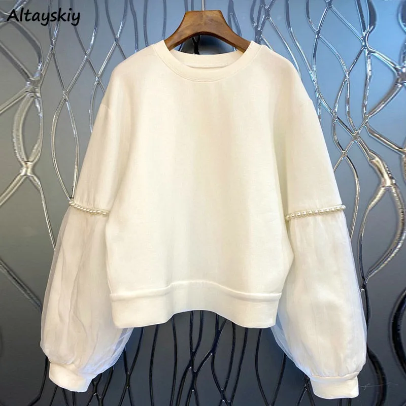 Hoodies Women Solid White Loose Korean Style Mesh Patchwork Streetwear Harajku Female Beading Graceful Ulzzang Y2k Tops Chic