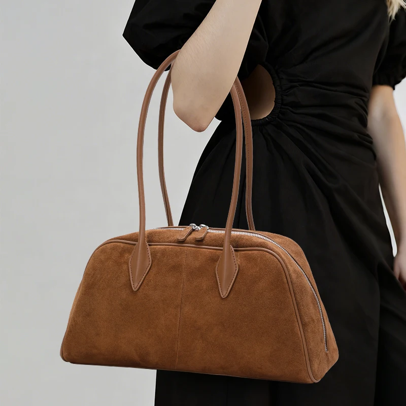 

Aidani New Style Frosted Cowhide Suede Bowling Shoulder Bag, Large Capacity Commute Casual Travel Pillow Bag