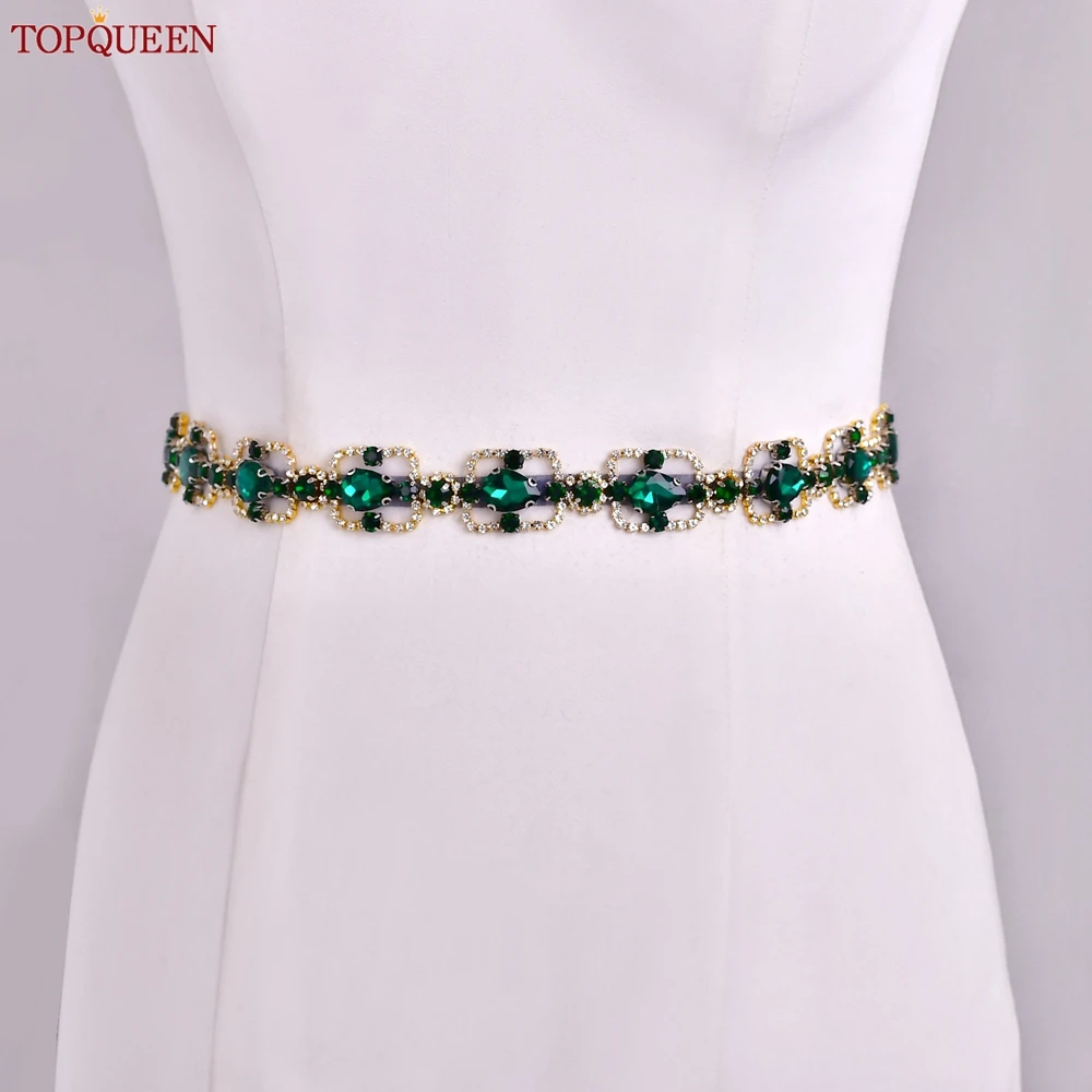 TOPQUEEN New Design Square Shape Green Rhinestone Bridal Belt Bridesmaid Waist Jewelry Wedding Important Event Dress Sash S218