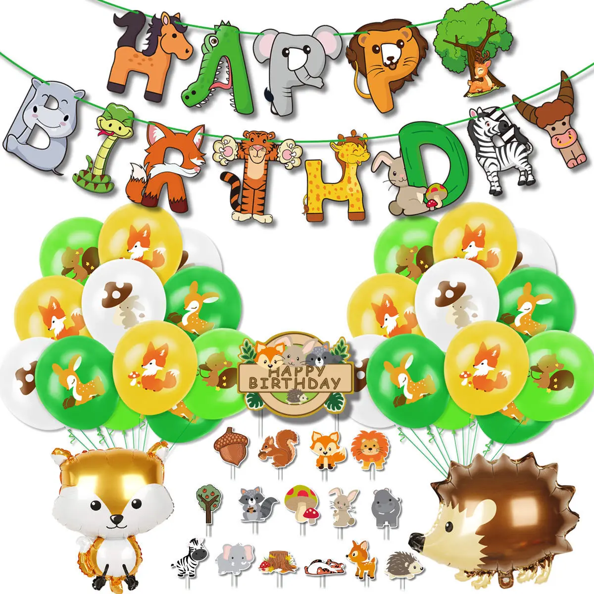 Jungle Animal Balloons Set, Birthday Party Decoration, Rabbit, Plum, Deer, Fox, Squirrel, 12Pcs