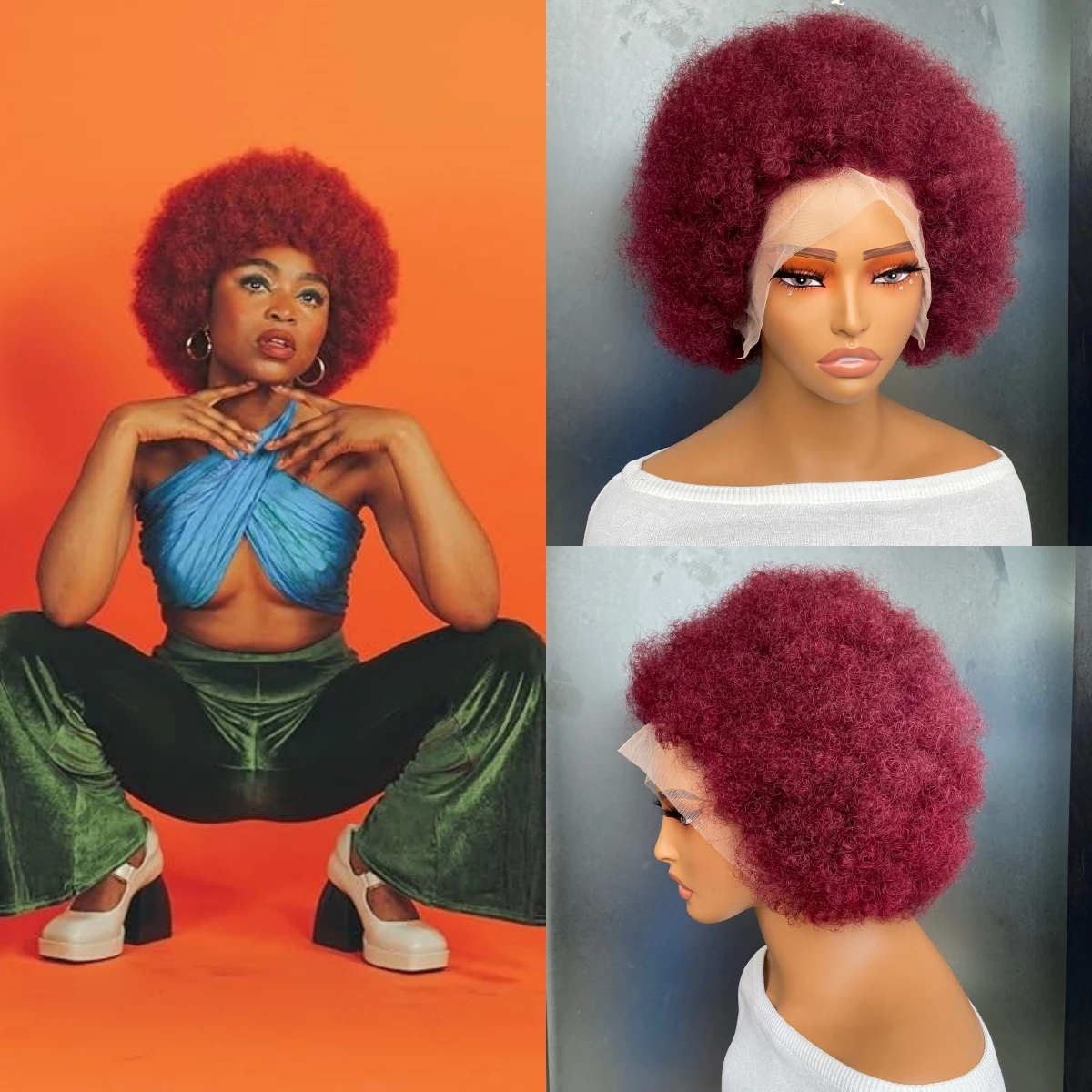 

Burgundy Wine Red 99J High Density Afro Kinky Curly Remy Human Hair 13x4 Transparent Lace Frontal Wig