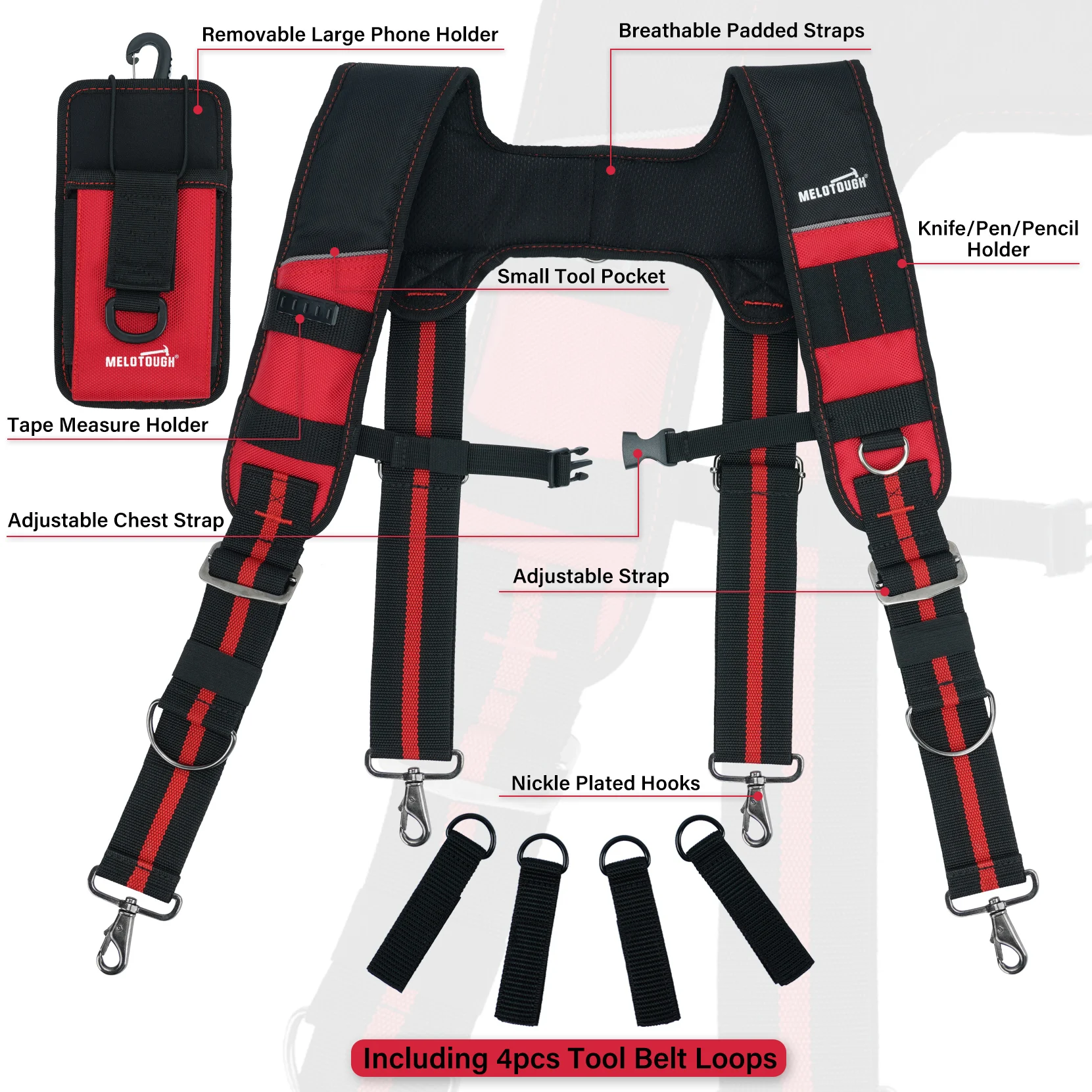 MELOTOUGH Tool Belt Suspenders Construction Bag Suspenders Padded Work Belt Hi Vis Suspenders for Carpenter/Electrician