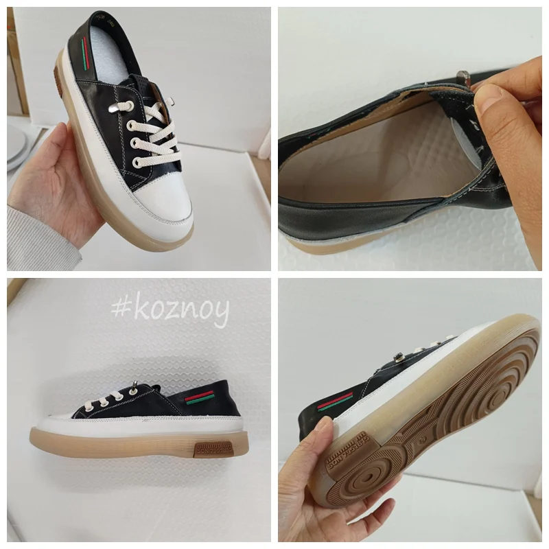 Koznoy Flat Women Shoes Genuine Leather 2cm Cow Ladies Summer Autumn Summer Comfy Women Fairy Leisure Lace Up Nurse Multicolor