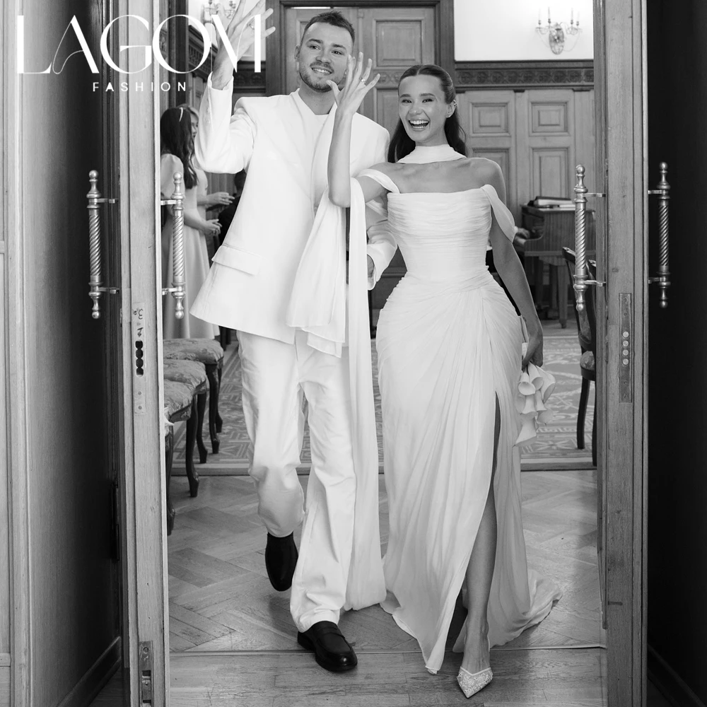 Lagom Elegant Off The Shoulder Mermaid Wedding Dress Ruched Bodice Detachable Scarf Side High Slit Vestido de novia Customized