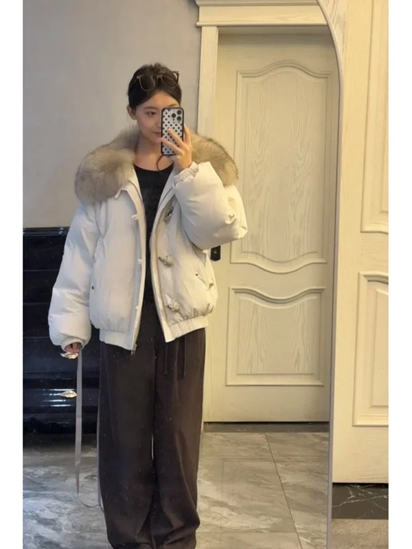 

Thickened down Cotton Jacket Women's Winter New Style Fur Collar Duffle Coat Button Closure Warm Coat Long Sleeve Zipper Pure...