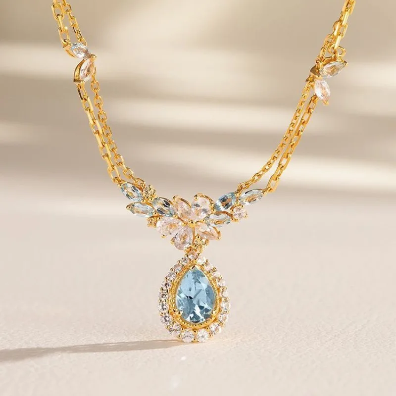 Laurel Flower Light Luxury Aquamarine Water Drop Necklace for Women Refreshing High Quality Blue Gem Exquisite Wedding Jewelry