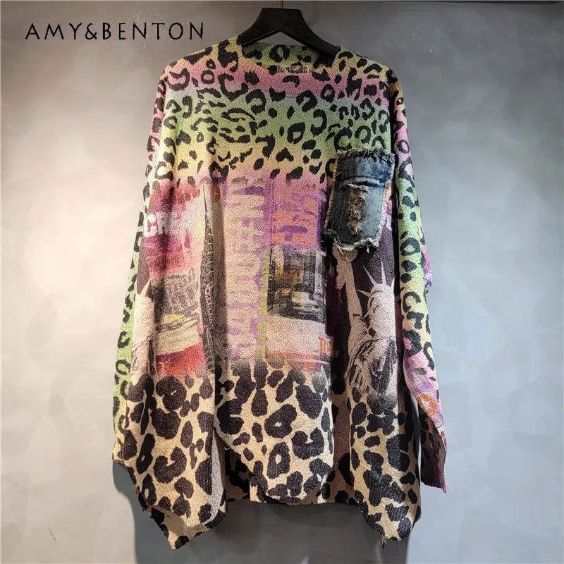 Trendy And Cool Design Sense Printed Leopard Print Denim Patch Irregular Jumpers 2024 Autumn New Loose Fashion Knitted Sweater