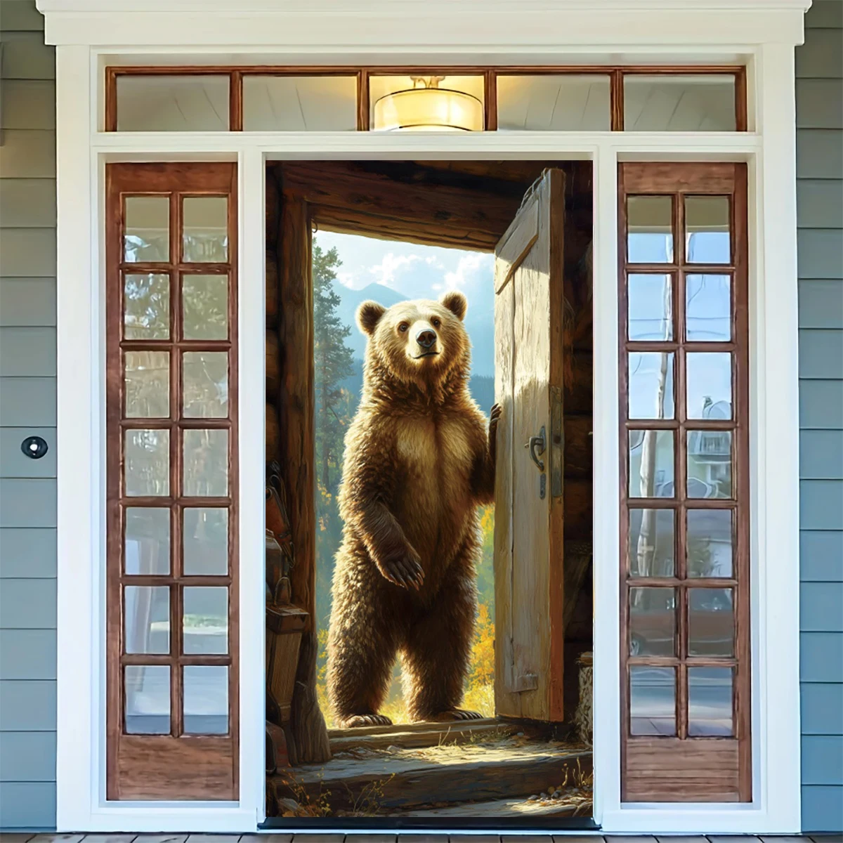 Wild Brown Bear Door Cover Banner Background Realistic Wildlife Forest Countryside House Doorway Hanging Decorative Banner