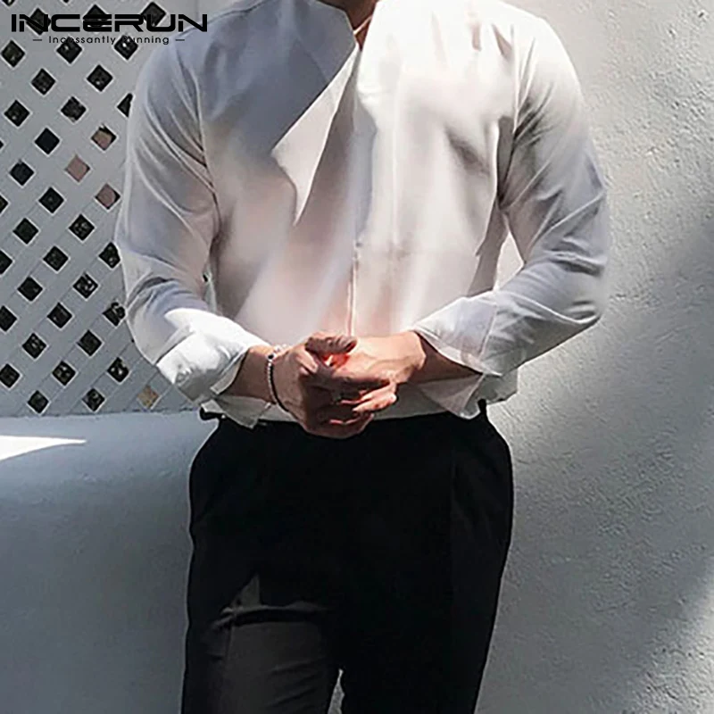 INCERUN 2024 Men Shirt V Neck Long Sleeve Brand Casual Men Clothing Streetwear Solid Color Fashion Leisure Camisa Masculina 3XL