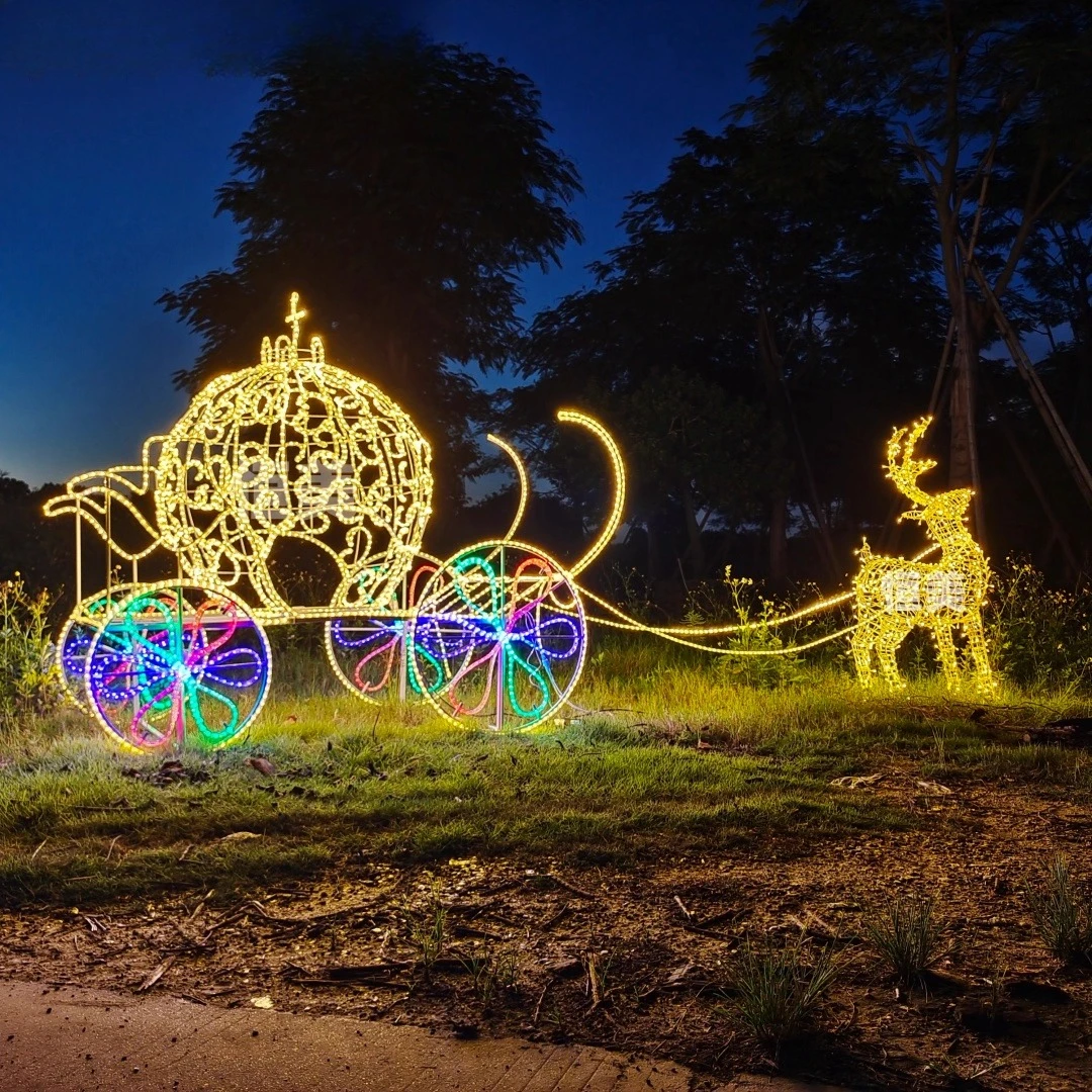 عربة سحب غزال عيد الميلاد المضيئة LED، ترتيب مشهد خفيف للجو في الهواء الطلق، زينة للعطلات، إضاءة زينة #1