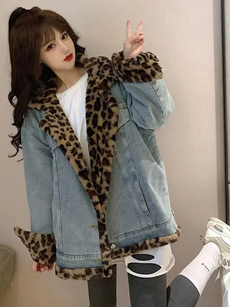 Women\'s Fur leopard-print Short Thick Imitation Mink Casual In The New Autumn and Winter Lamb Wool Denim Two-sided Coat Jacket