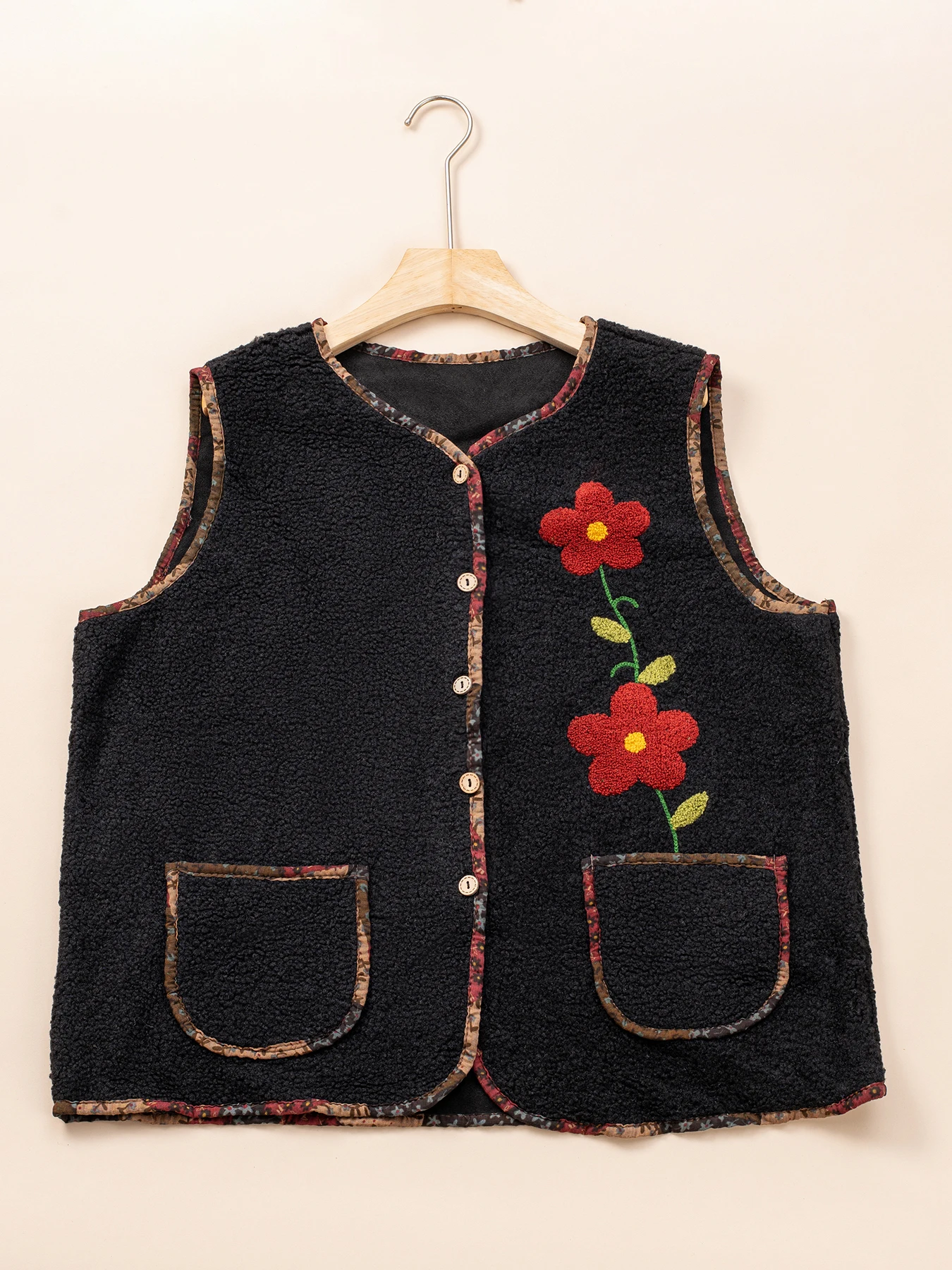 

Осенне-зимний теплый жилет одного размера с цветочной вышивкой, замшевый жилет из ягненка, пальто с карманами для женщин, свободная куртка без рукавов