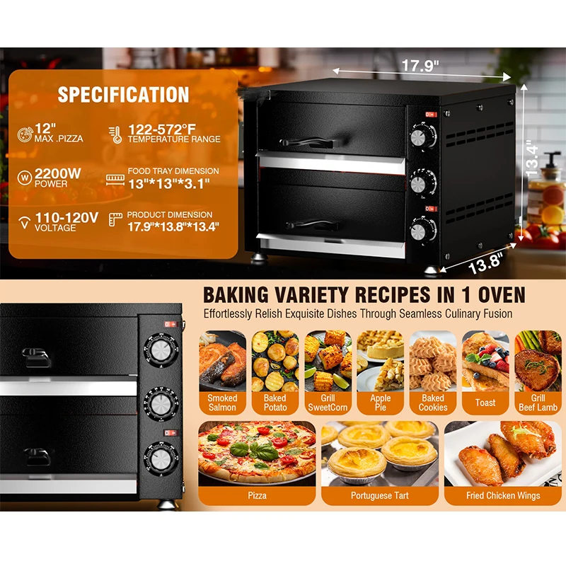 เตาอบพิซซ่า 12 นิ้ว เตาอบกลางแจ้ง อุปกรณ์ครัวเชิงพาณิชย์ เตาอบพิซซ่าแบบสองชั้น เตาอบบาร์บีคิวเชิงพาณิชย์