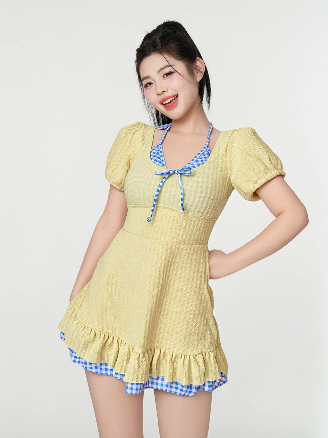 Sweet Style One-Piece Swimsuit for Plump Girls Thermal Spring Conservation Women's Swimwear V-Neck Short Sleeve Casual Swimwear
