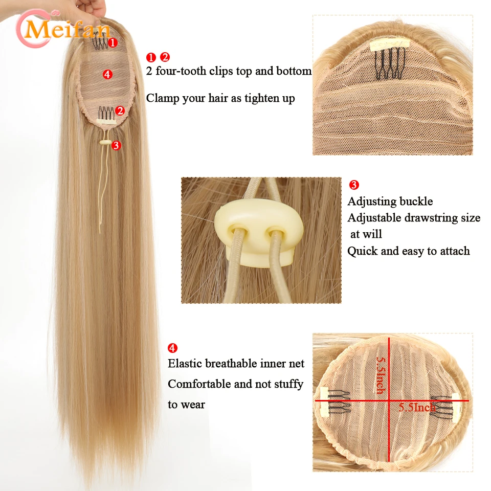 MEIFAN Synthetic Long Straight Drawstring Ponytail for Women Clip in Hair Extensions Black Blonde 60cm Natural Fake Hairpiece