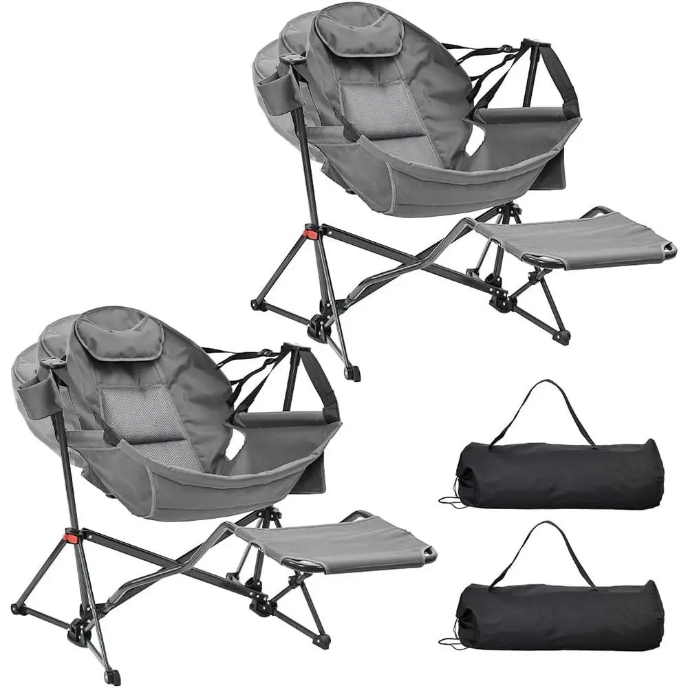 Portable Heavy-Duty Rocking Hammock Chair with Cup Holder and Pillow, Outdoor Swing for Camping, Patio, Poolside - Grey, 2 Pack