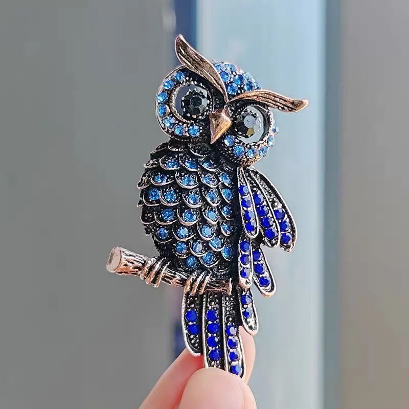 Fashion Rhinestone Blue Purple Owl Brooches For Women Men Clothing Suit Accessories Vintage Owl Brooch Pins Jewelry Gifts