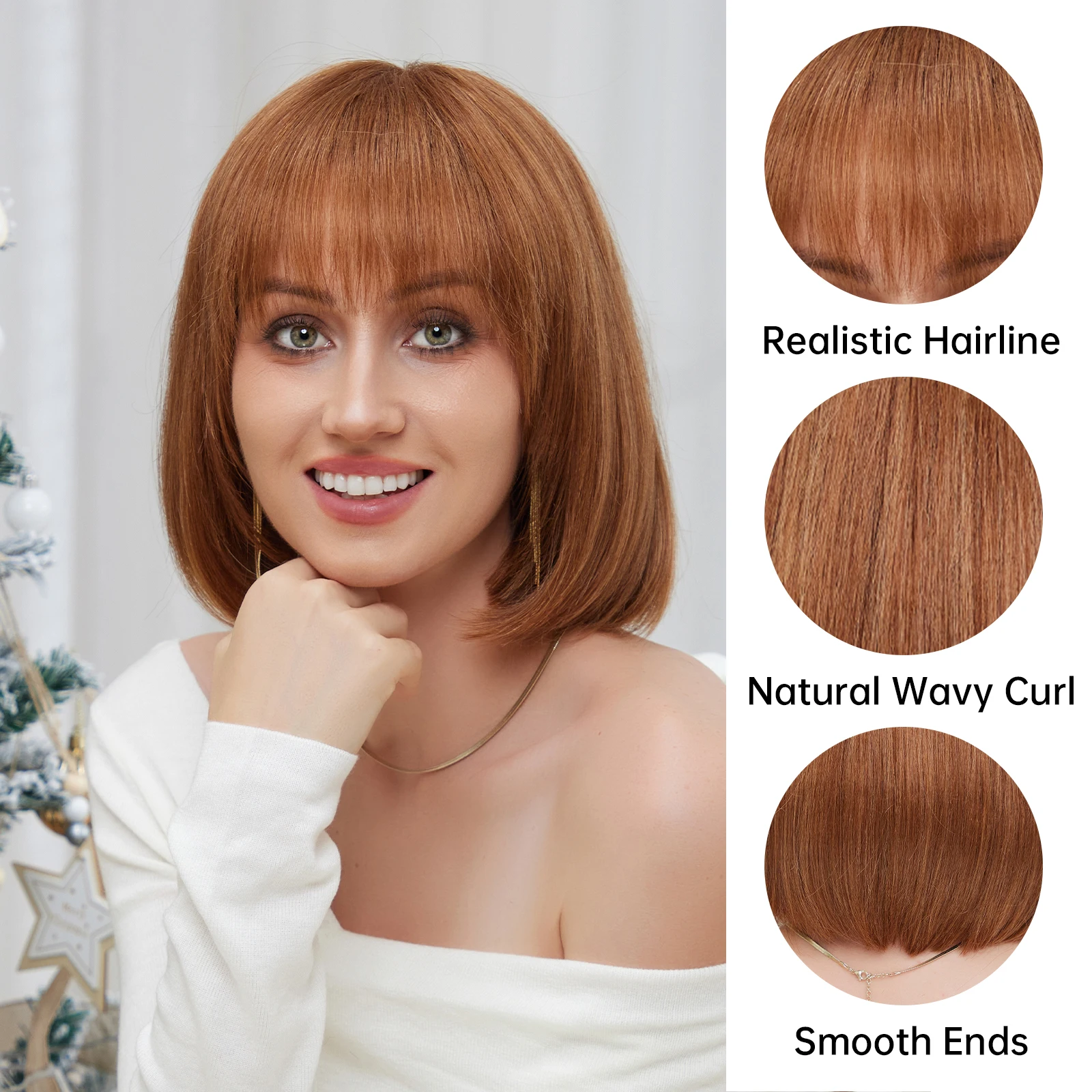 Peluca de cabello humano con flequillo para mujer, pelo corto y liso de fibra sintética, color rojo, marrón, jengibre, Natural, resistente al calor