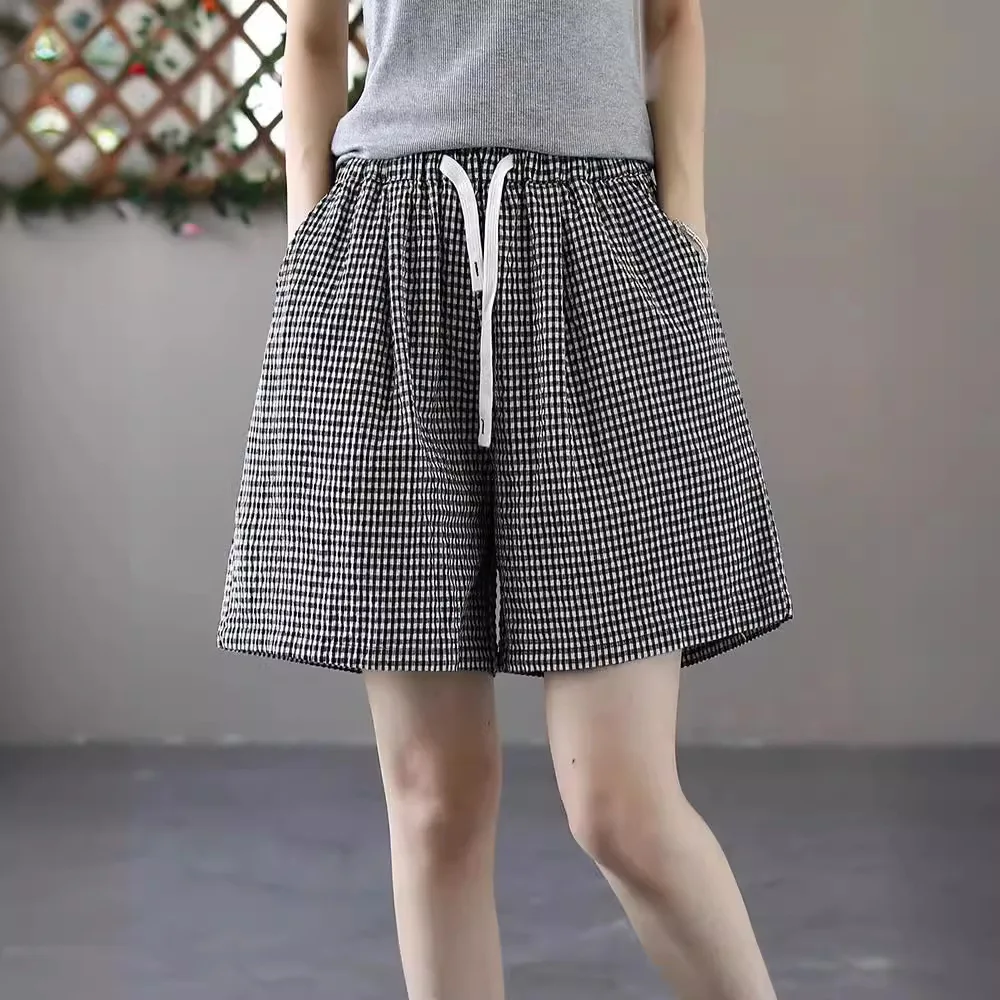 Women Vintage Plaided Shorts Summer Fashion Good Quality Cotton Elastic Waist Loose Casual Comfortable Cozy Short Pants Female