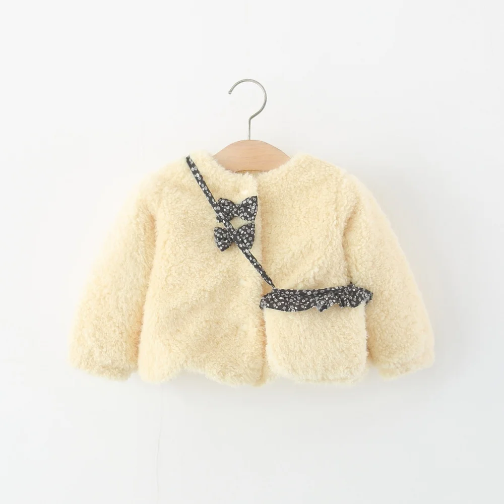 Baby Girl Coat Winter Cotton Solid Color Bow Long Sleeved Baby Girl Jacket Cartoon Plus Velvet Warm Girl Clothing