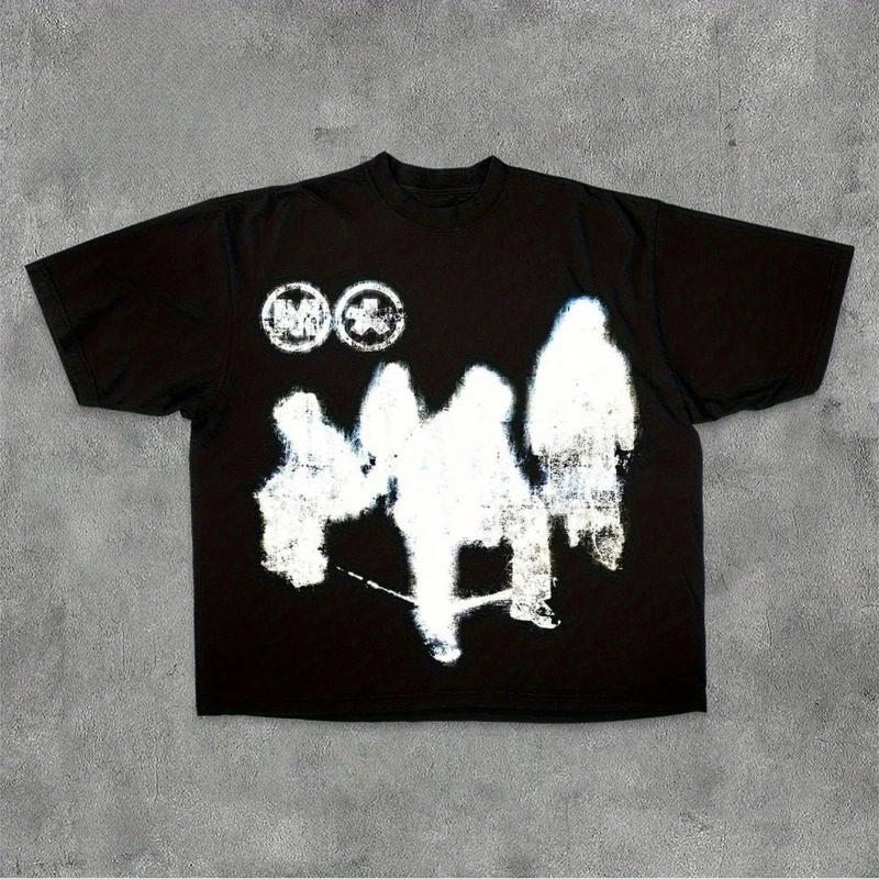 

American Hip Hop Y2K Abstract White Character Casual Short Sleeve Summer New Fashion Men and Women Streetwear