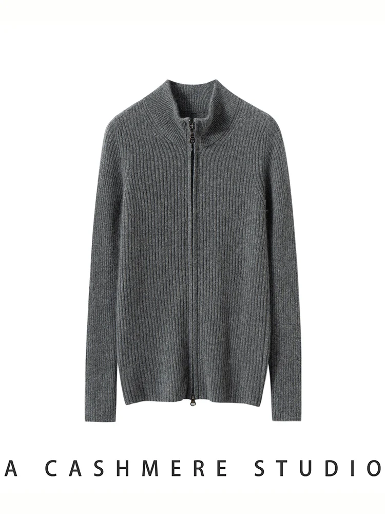 Addonee feminino 100% camisola de caxemira mock neck fino zíper cardigan casaco outono inverno grosso quente estilo simples casaco de caxemira