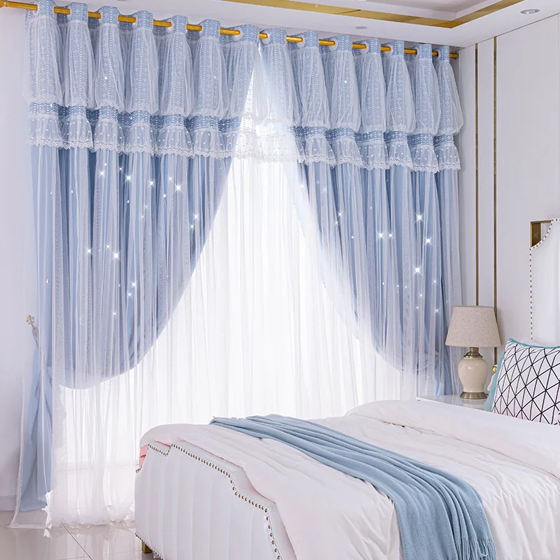 Blackout Curtain and Sheer Voile Double Layer Star Pattern Modern Window Drapes for Living Room Thermal Insulated Home Decor