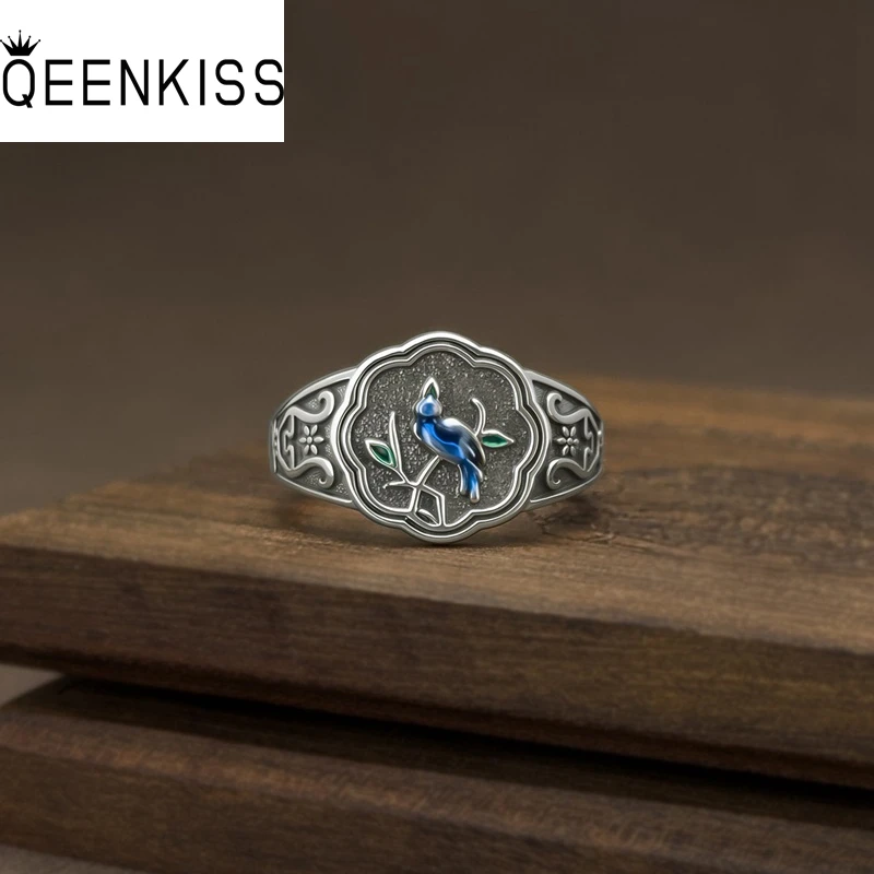 

QEENKISS 925 Sterling Silver Vintage Magpie Rings for Women Birthday Wedding Party Christmas Bride Mother Girl Lady Gifts RG7091