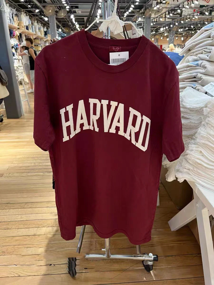 Harvard Embroidery T-Shirt Short Sleeve Round Neck Cotton Tee Tops 2023 Summer American Vintage Wine Red Y2k Harajuku TopS