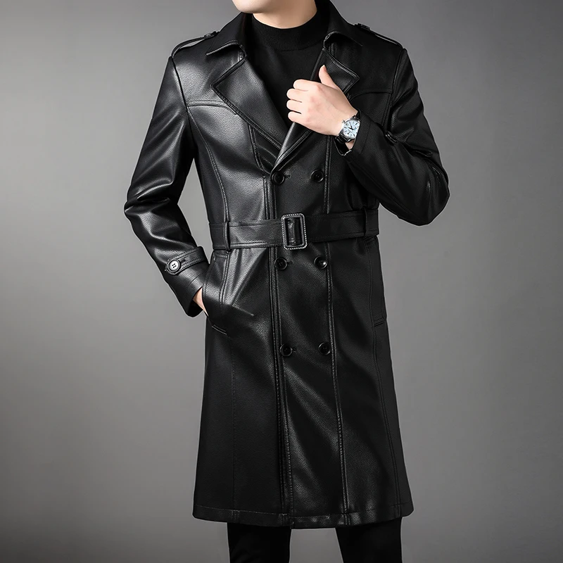 Men\'s Leather Clothing Autumn and Winter Long Lapel Imitation Leather Coat Windbreaker with Belt Jacket Men\'s Coat