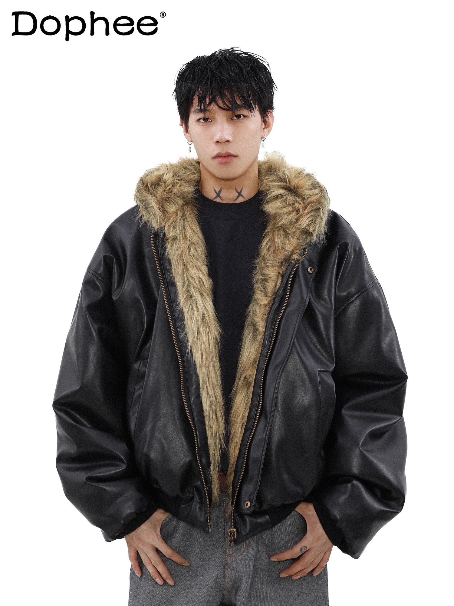 

American Style High-End Fashion Trend Jacket Cotton Coat Winter Fleece-Lined Warm Thickened Reversible Shearling Coat for Men