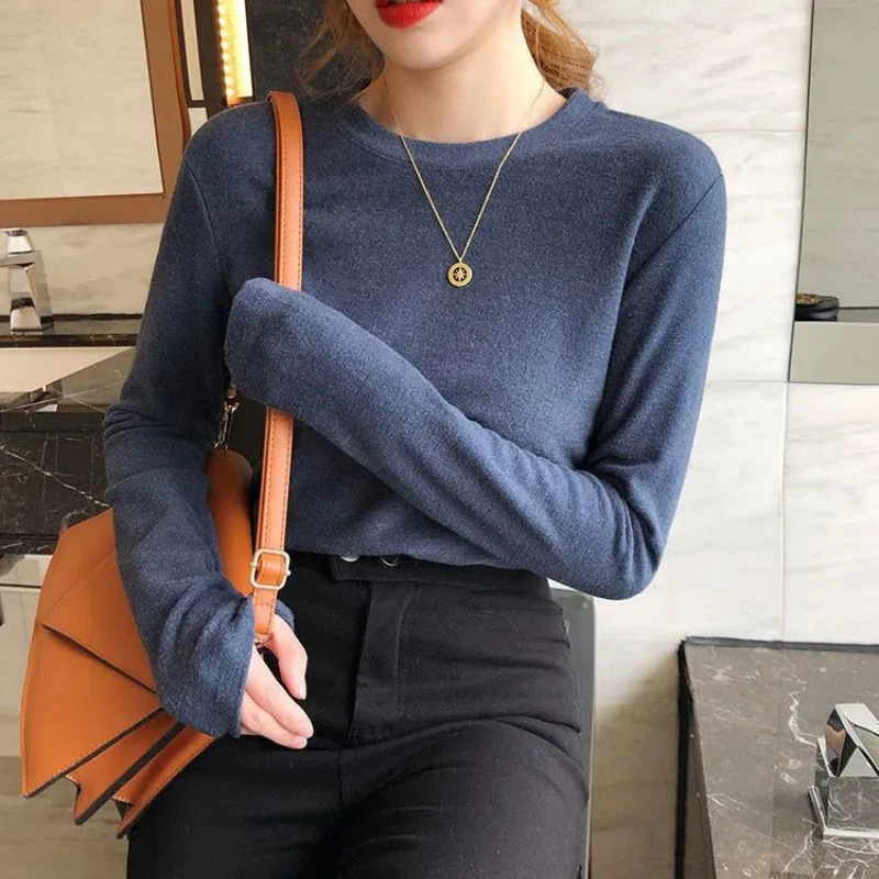 

Double Sided German Velvet Women's 2024 Autumn Winter New Splicing Pullovers O-Neck Fashion Solid Color Casual Long Sleeved Tops