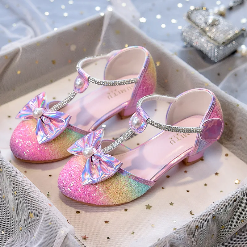 Summer New Rainbow Girls' High Heels Soft Sole Kids' Princess Shoes Student Performance Fashion Children's Leather Shoes