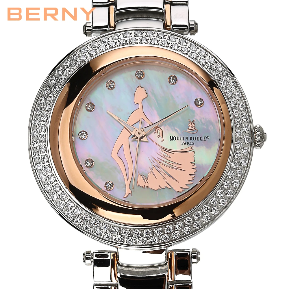 BERNY Luxury Brand Quartz Watch for Woman Waterpoof Wristwatch Fashion Sapphire Rhimestone Clock Stainless Steel Lady Watch 2022