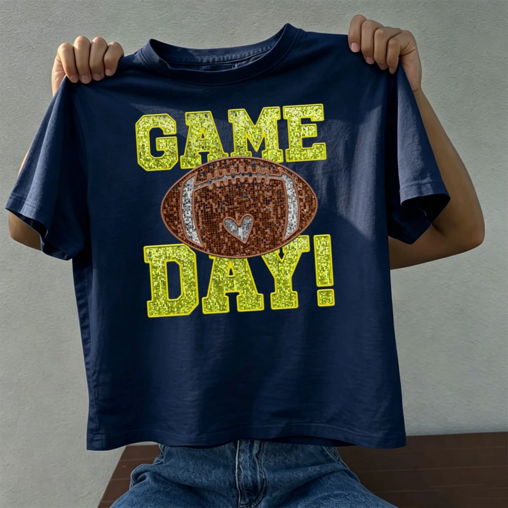 Glitter Sequins Game Day Football Typography Men Sports Fan T Shirt Shiny Bling Text Design Tee Game Day Outfit Cotton Shirt
