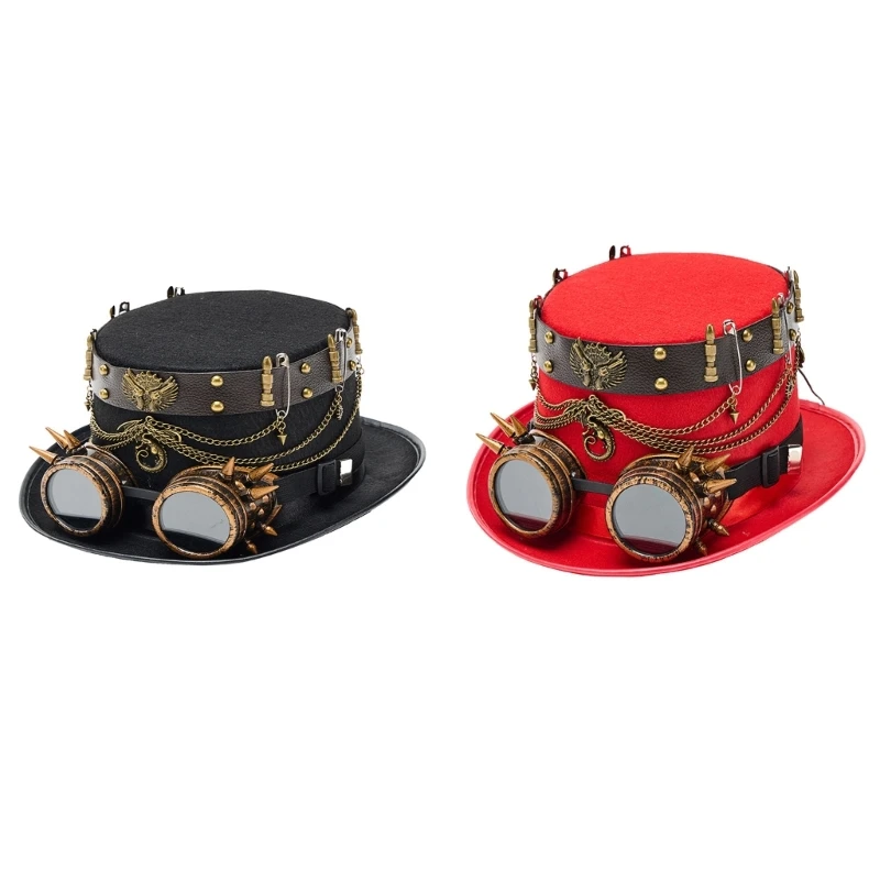 573B Red Hat Rivets Metal Chain Gothic Hat Gothic Costume Headpiece for Party