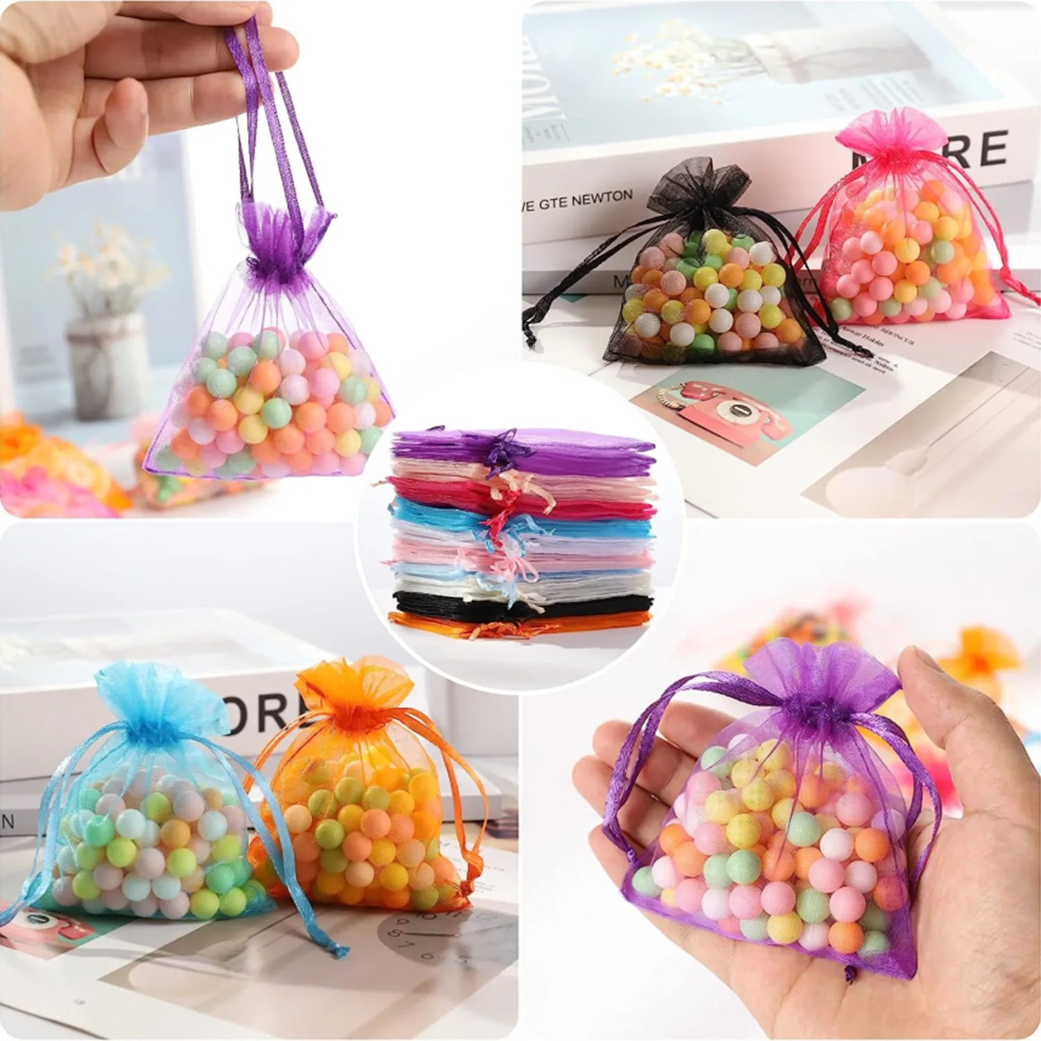 100PCS Organza Bags Mixed Color Mesh Organza Jewelry Bags Small Drawstring Favor Pouches Christmas Candy Wedding Birthday