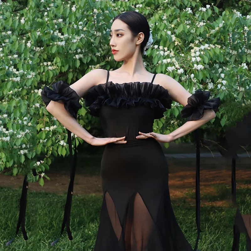 Vestido de competición de baile de salón para mujer, Tops de encaje con volantes y hombros descubiertos, faldas, vestido de graduación, disfraz de actuación de vals BL8621 2022