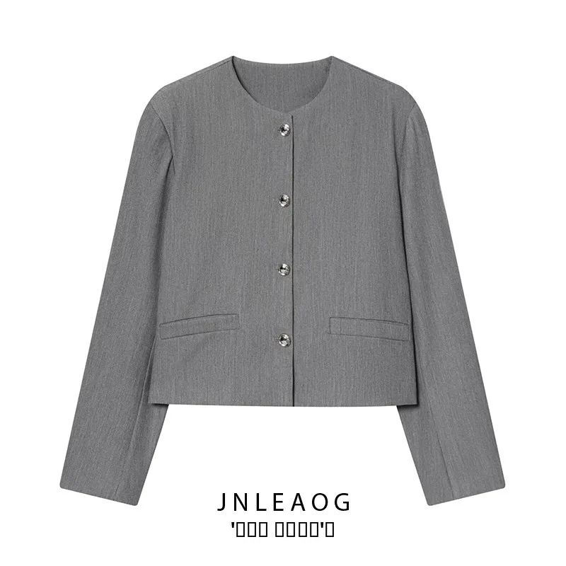 

Faionable Versatile ort round Ne Suit Jaet Women's Autumn New Sle JNLEAOG Polyester Fiber Long Sve Button Closure