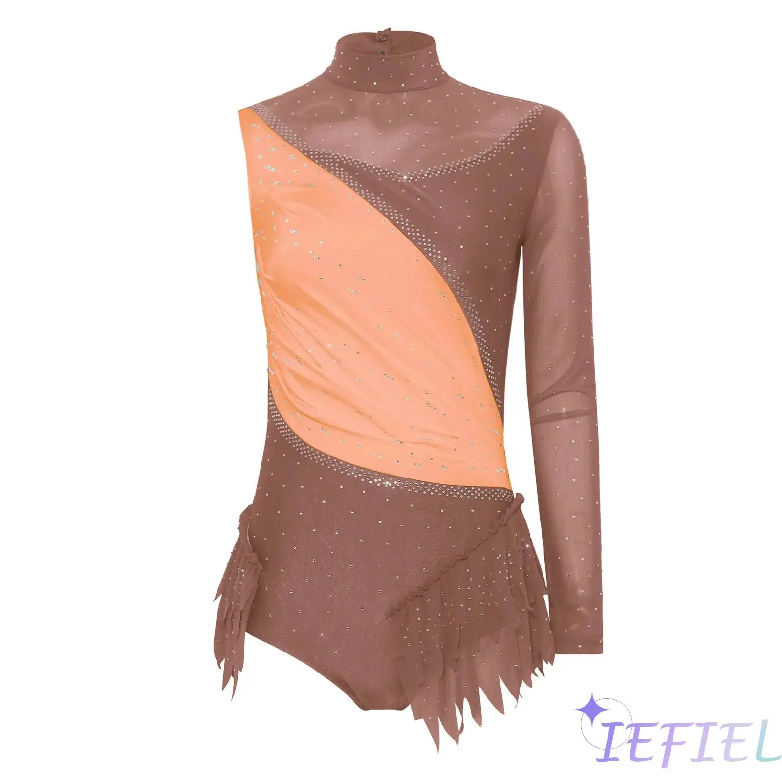 

Womens Ballet Latin Dance Bodysuit Asymmetrical Single Long Sleeve Rhinestone Color Block Leotard Elegant Salsa Dance Jumpsuit
