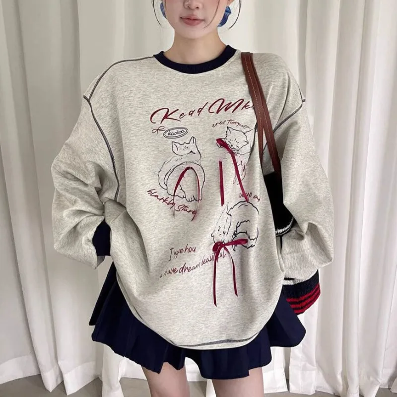 

Trendy Cartoon Cat Print Long Sleeve Sweatshirt Women Design Sensibility Fashionable Loose-Fit Pullover Top Autumn New