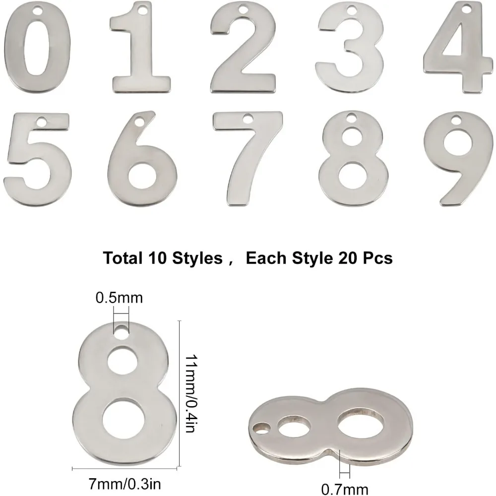 1 Box 200Pcs 10 Styles Number Charms Silver 0-9 Stainless Steel Hollow Lucky Figures Pendants Bulk Metal Digital Beads