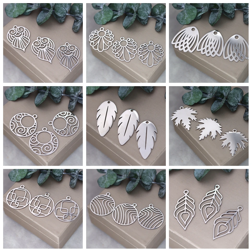3 szt. Sowa Charms Diy kolczyki naszyjnik bransoletka ze stali nierdzewnej liście klonu pióro muszla okrągłe koło Charms do tworzenia biżuterii