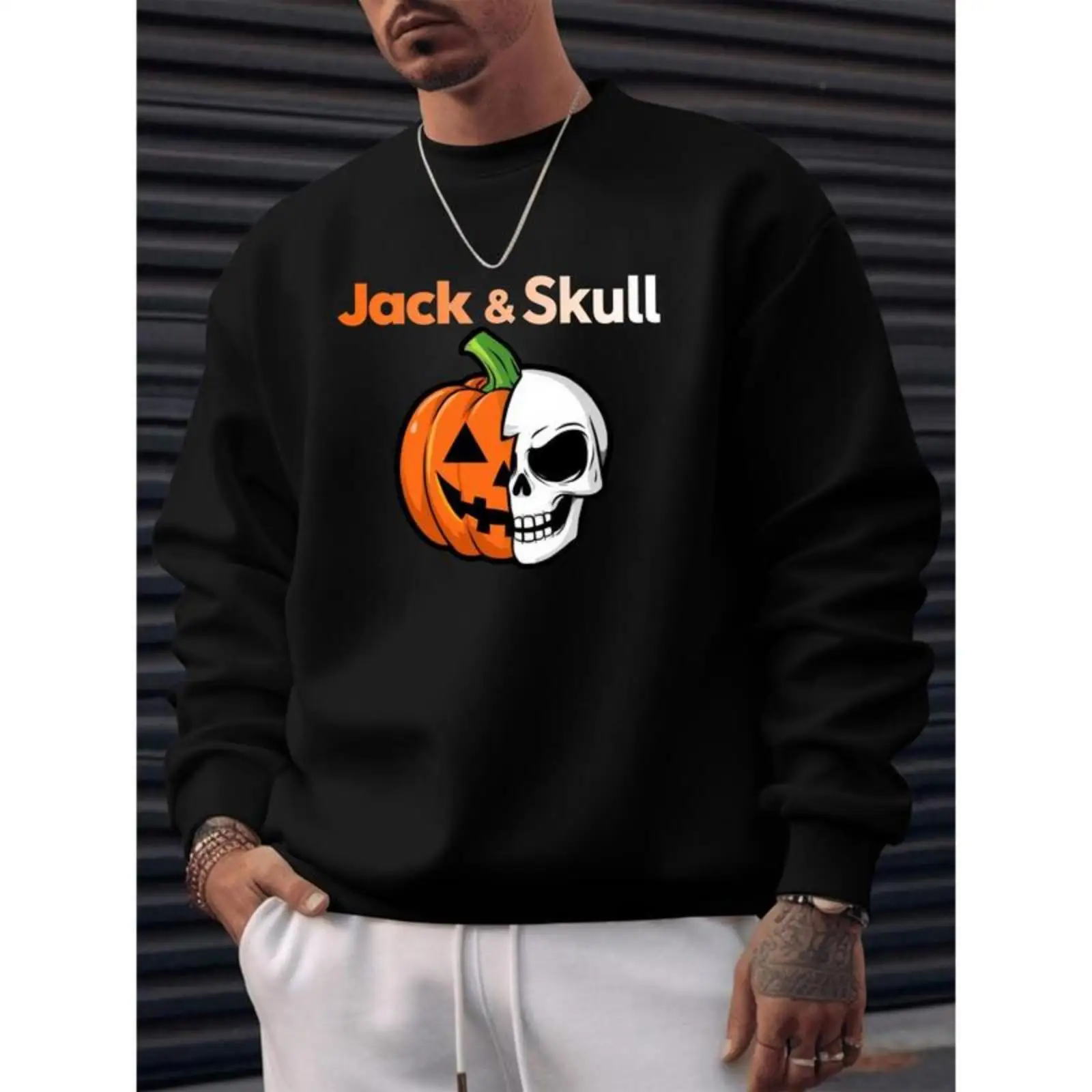 

Pumpkin Skull Halloween Sweatshirt Men's Oversized Streetwear Crewneck Jumper Long Sleeve Casual Jack & Skull Print Pullover