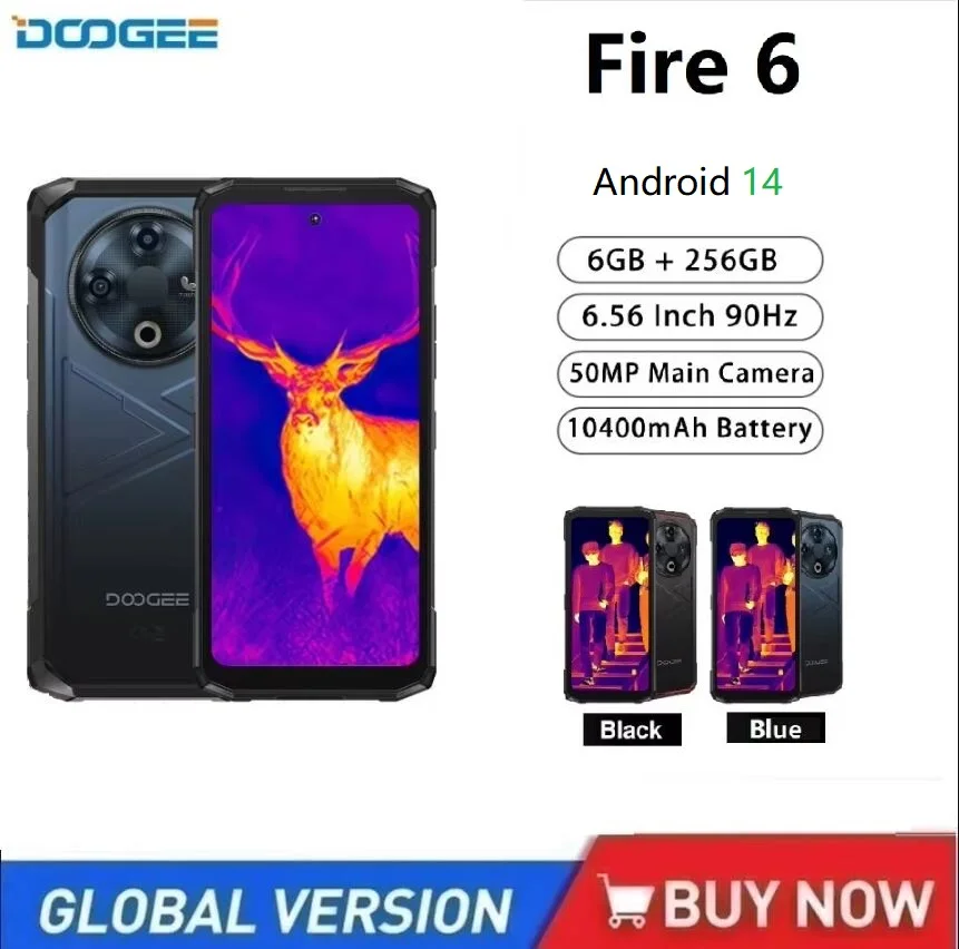 DOOGEE Fire 6 Smartphone resistente Android 14 Imagen térmica Pantalla de 6,56 "90 Hz 6 GB 256 GB 10400 mAh Batería 50 MP teléfonos móviles