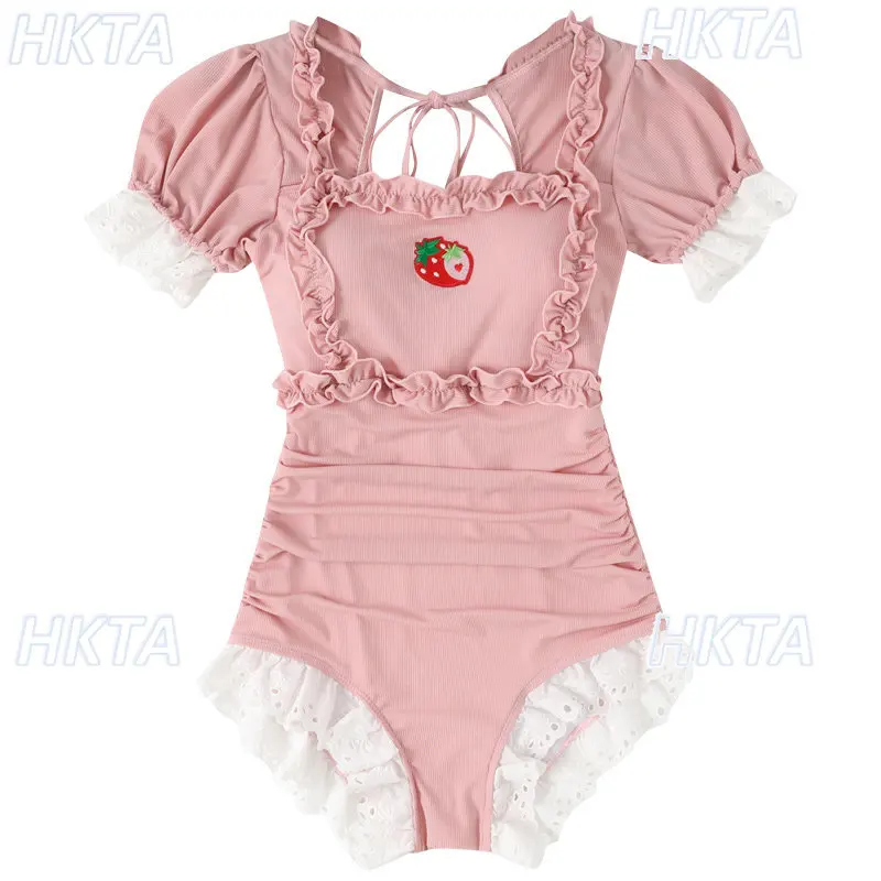 Strawberry Girl Japanese Lolita Sweet One-piece Triangle Swimsuit -cute Puff Sleeve Lolita Swimwear Micro Bikini Bathing Suit