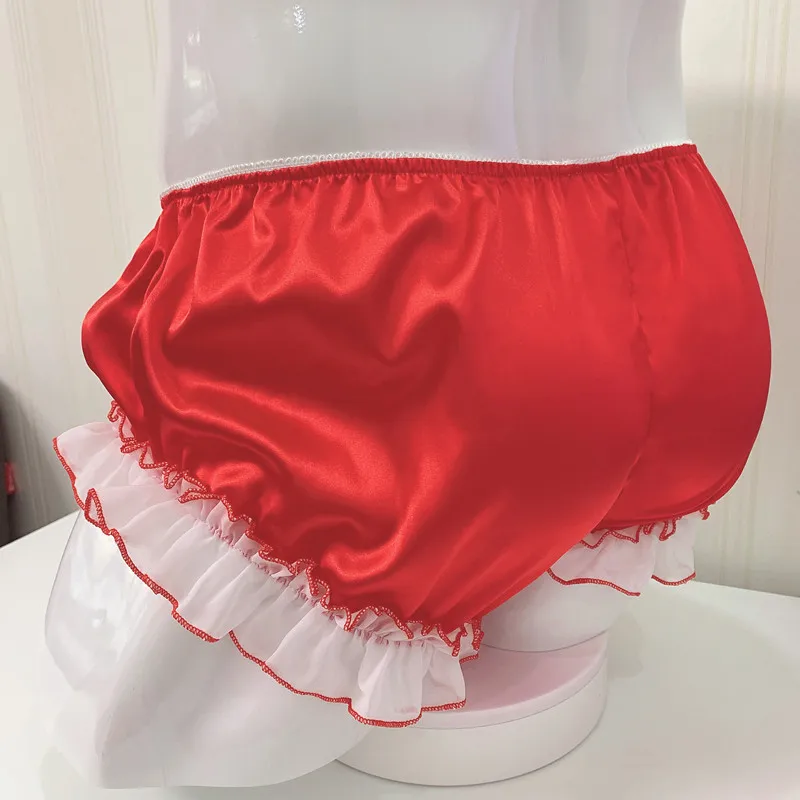 Male Sissy Lingerie Men Shiny Satin Briefs Ruffled Tiered Skirt Panties Underwear Shorts Lolita Knickers Pumpkin Pants